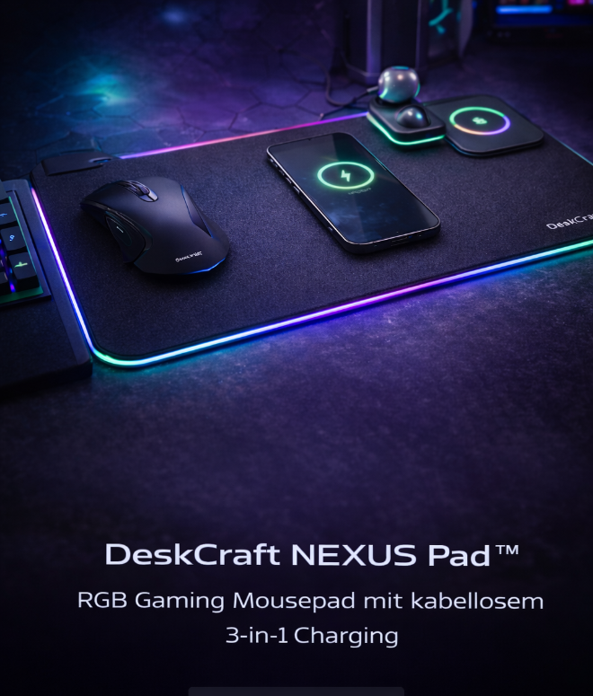 DeskCraft NEXUS Pad™ – RGB Gaming Mousepad mit kabellosem 3-in-1 Charging